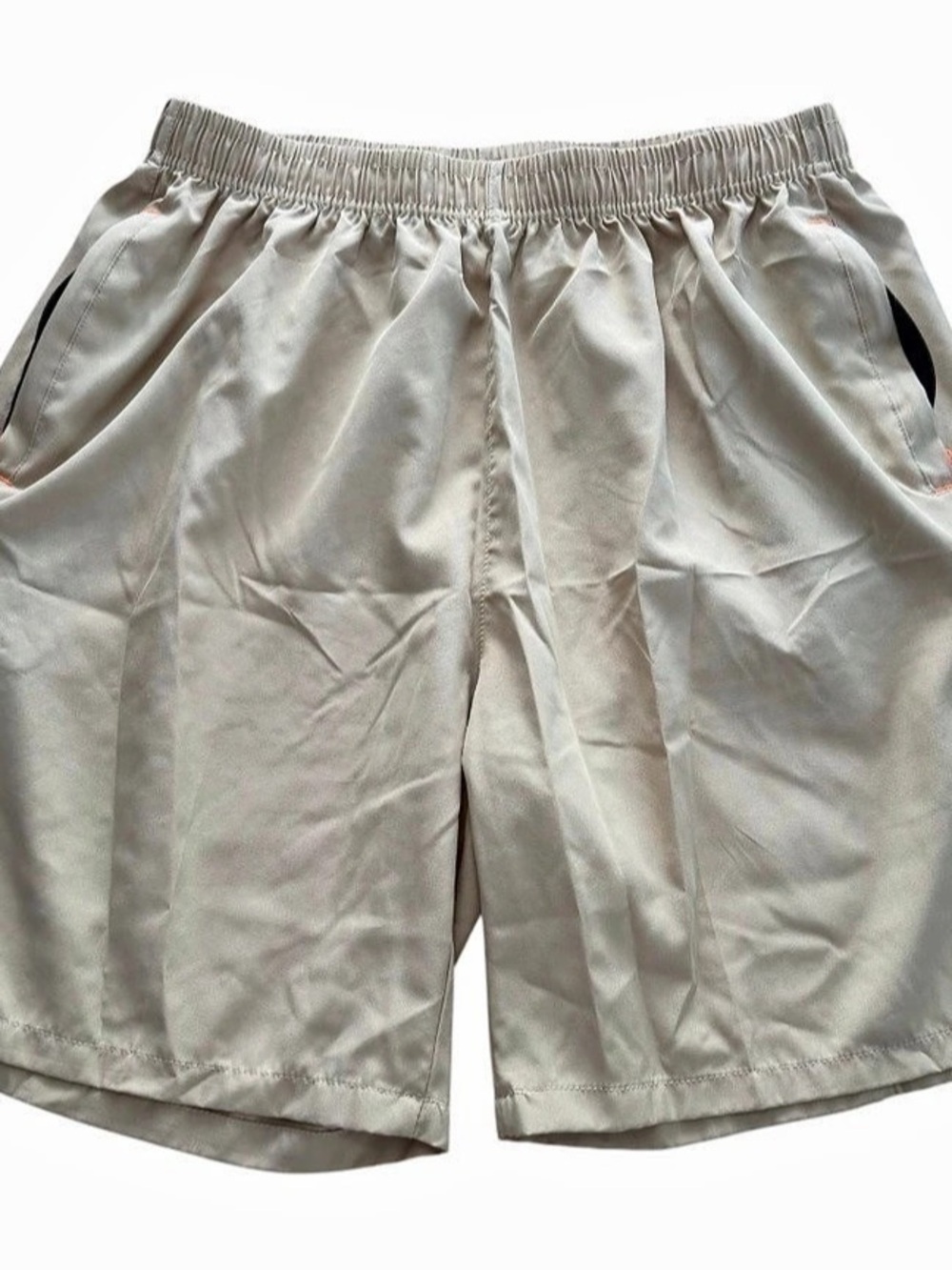 Men’s Tan Athletic Shorts XL Drawstring Elastic Waist Zipper Pockets Stretch